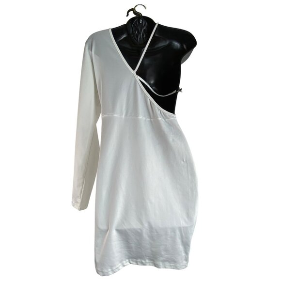 One-Shoulder White Bodycon Dress Large Sexy Club Stripper Stretch Y2K Party Rave - Picture 2 of 6